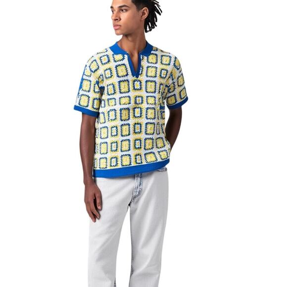 BoohooMAN Men’s Knit Sweater Top Retro Geometric Square Print Blue Yellow Size L - Picture 1 of 7